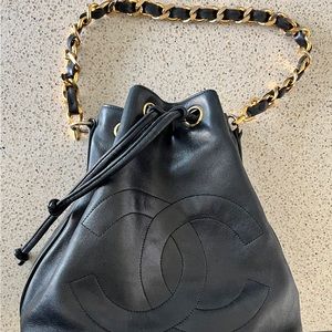 MEMORIAL WKND SALE Vintage CHANEL black leather bag CC gold authentication card